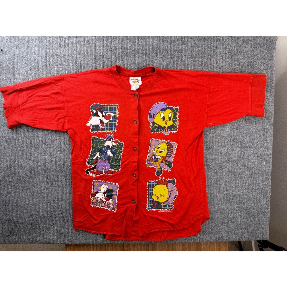 Vintage Looney Tunes Sylvester Tweety Red Jersey Shirt Medium 90s Sun Sportswear